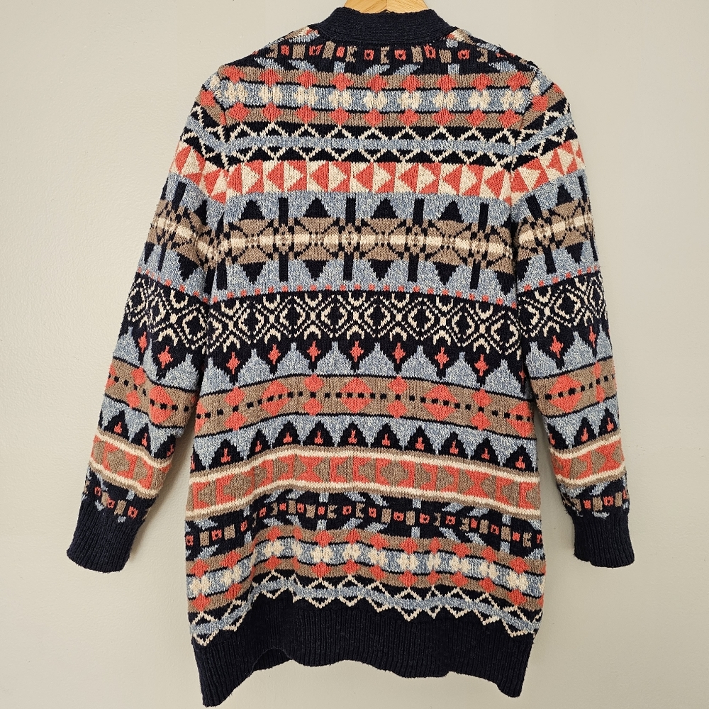 LL Bean cotton ragg open front cardigan sweater fair isle nordic heavyweight L - Picture 2 of 6